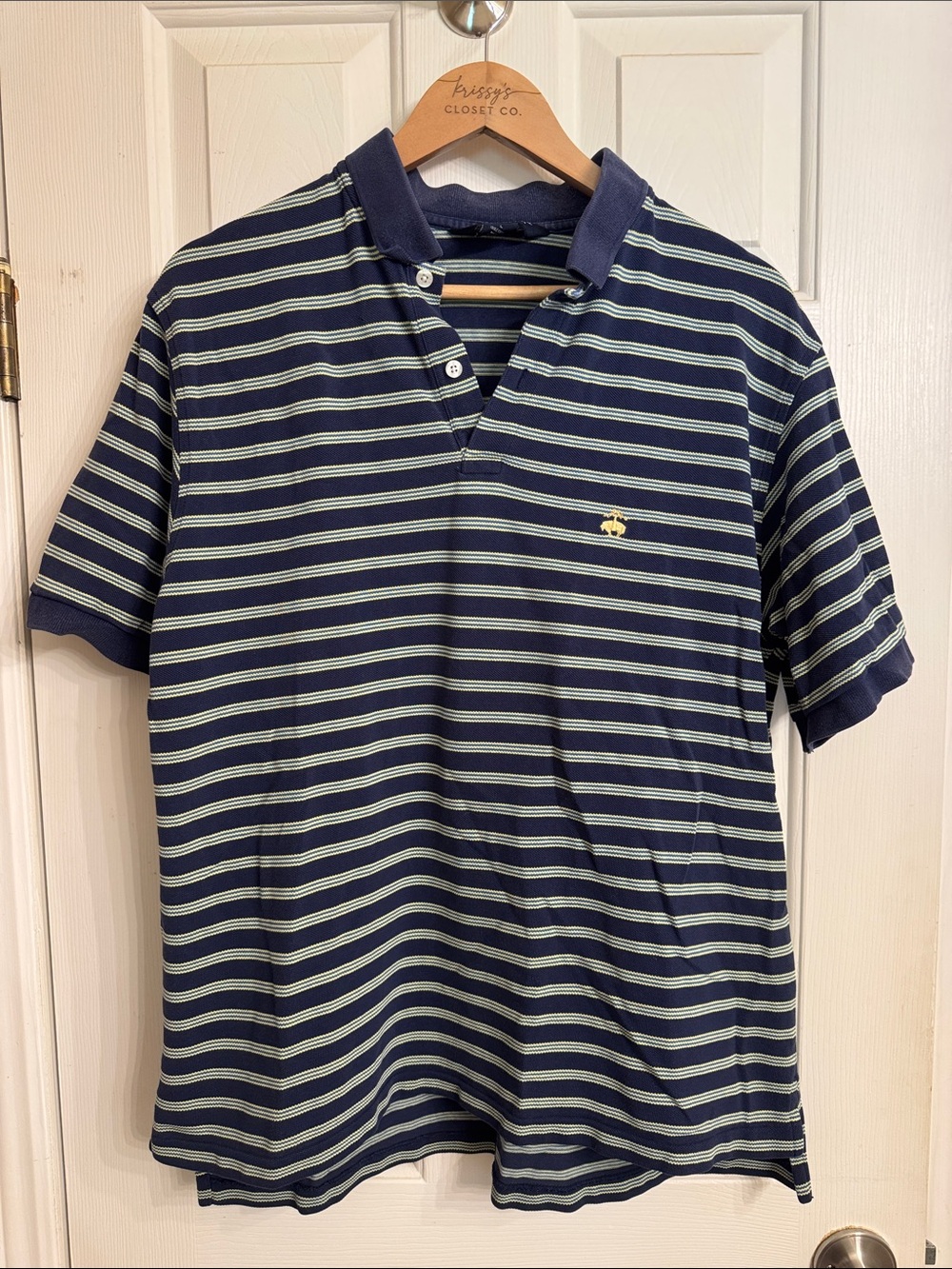 Brooks Brothers Navy and Light Green Striped Polo